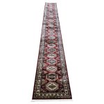 Red Kazak Geometric Runner Rug with Ivory & Navy Medallions