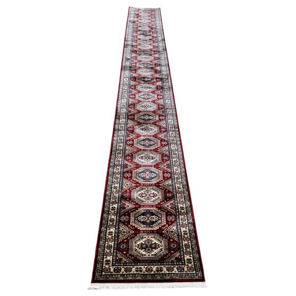 Red Kazak Geometric Runner Rug with Ivory & Navy Medallions