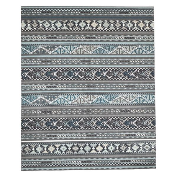 275cm x 200cm Slate Grey & Blue Boho Tribal Pattern Non-Slip Area Rug