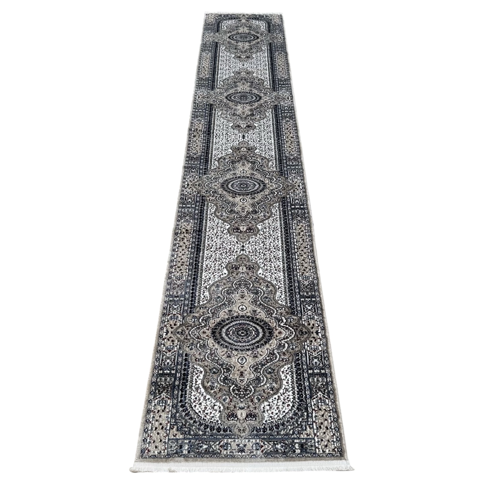 402&28bzjz_19 500 x 80 cm Silver Grey Vintage Persian Medallion Runner Rug - Image 1