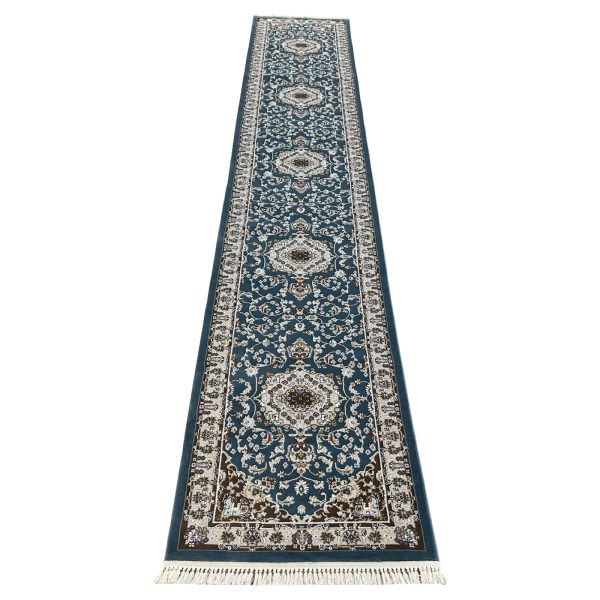 500 x 80 cm Blue Traditional Floral Arabesque Runner Rug