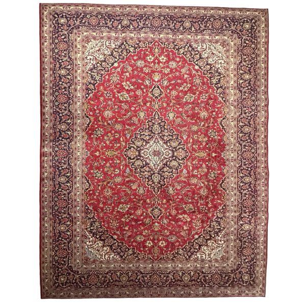 383 x 293 cm Hand-Knotted Red Persian Kashan Wool Rug