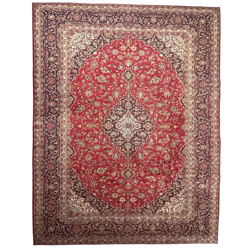 383 x 293 cm Hand-Knotted Red Persian Kashan Wool Rug