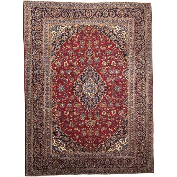 370 x 270 cm Signed Hand-Knotted Red Persian Kashan Wool Rug