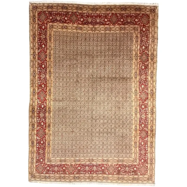 345 x 240 cm Ivory & Red Persian Moud Wool & Silk Hand Knotted Rug