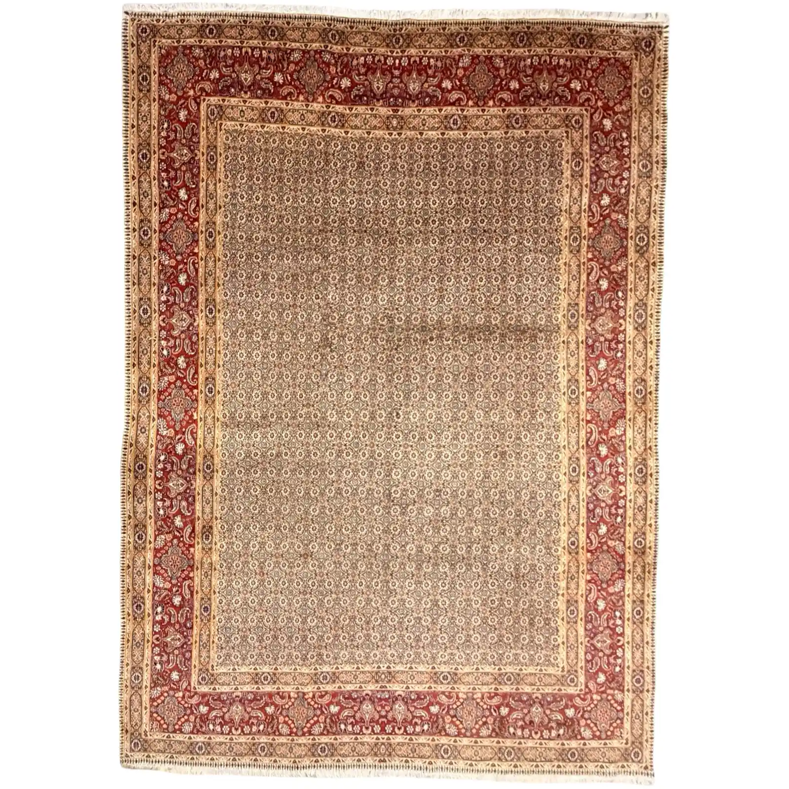 wool and silk rug 345 x 240 cm Ivory & Red Persian Moud Wool & Silk Hand Knotted Rug