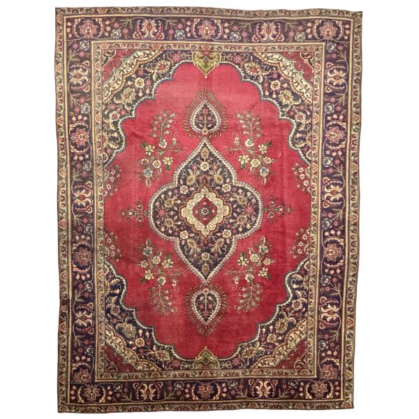 345 × 252cm Vintage Hand-Knotted Persian Tabriz Rug – Red & Blue