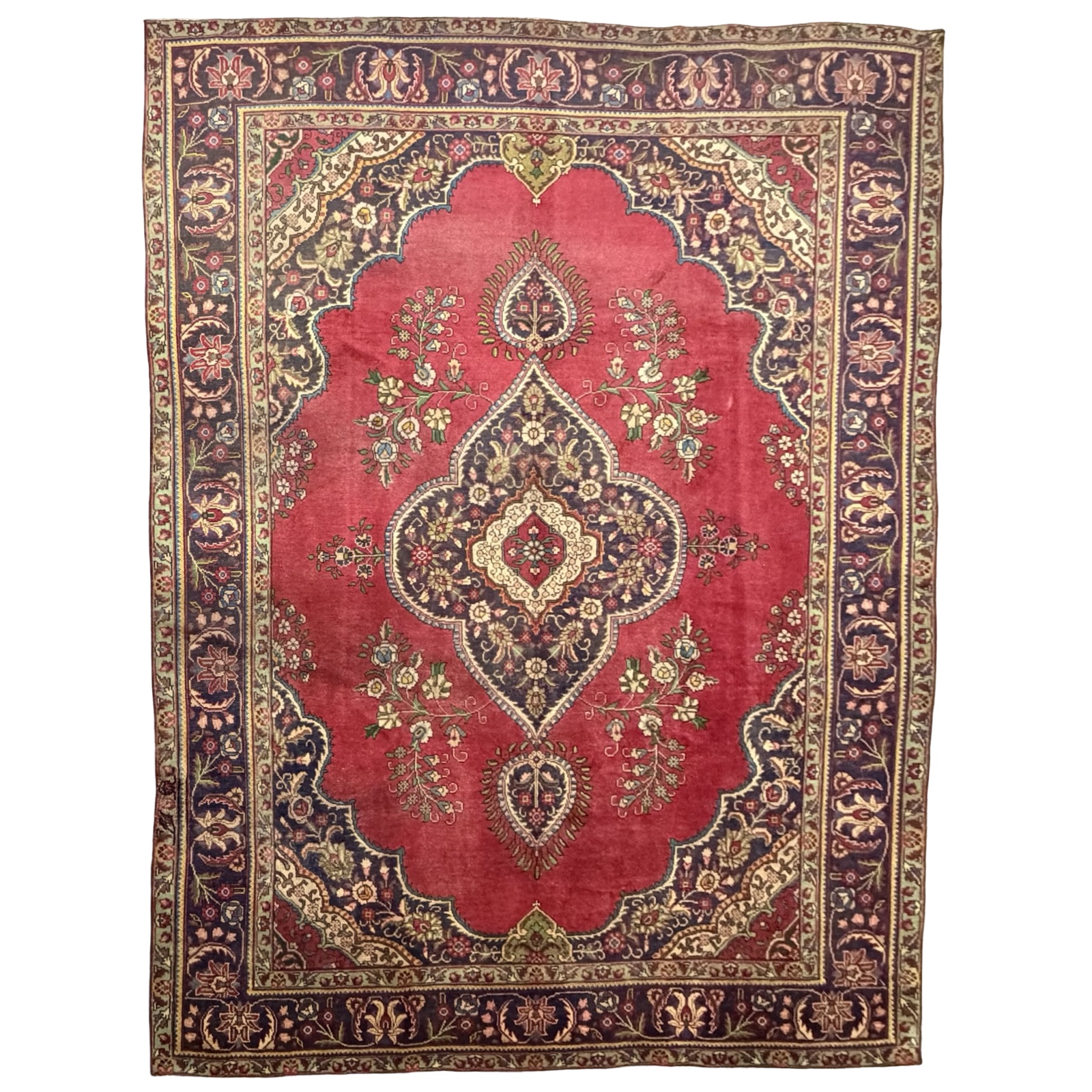 61911_34 345 × 252cm Vintage Hand-Knotted Persian Tabriz Rug – Red & Blue - Image 1