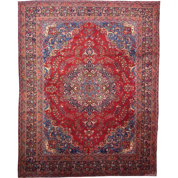 386 x 290cm Large Size Hand-Knotted Persian Mashad – Red Wool Rug