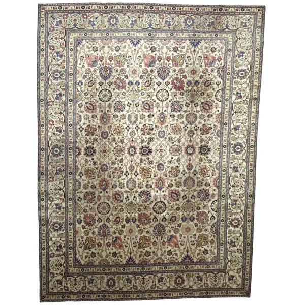 390 x 275cm Ivory & Soft Pink Vintage Persian Tabriz Floral Wool Hand Knotted Rug