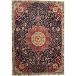 310 x 215cm Vintage Hand-Knotted Persian Tabriz Floral Medallion Wool Rug – Navy & Red