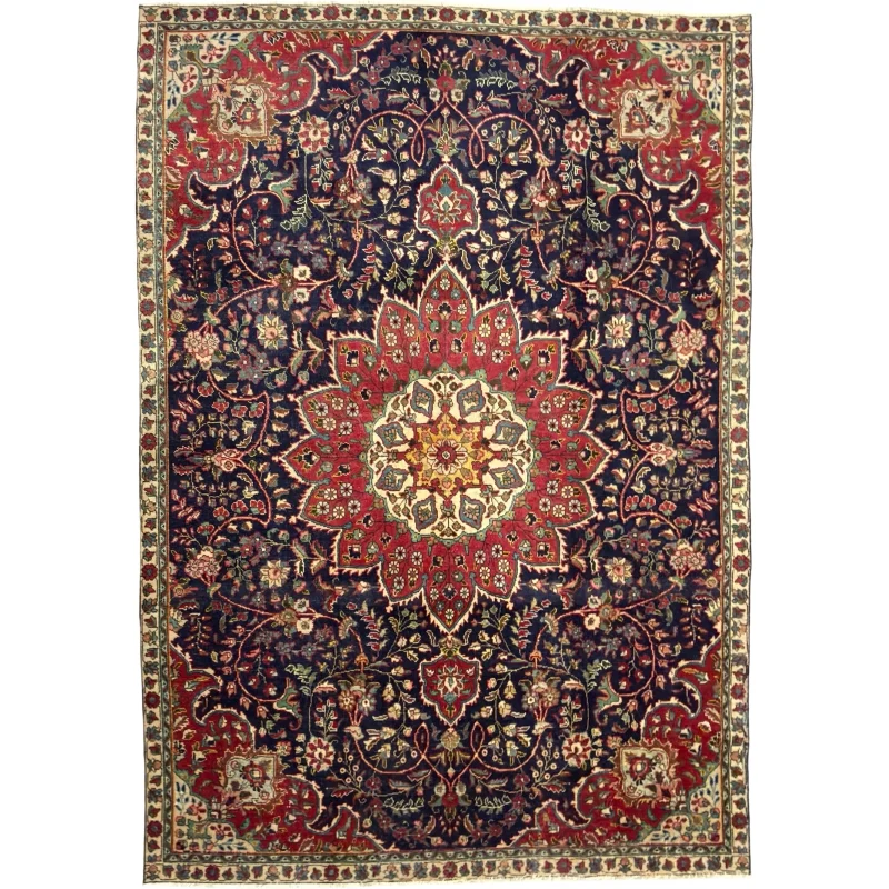 310 x 215cm Vintage Hand-Knotted Persian Tabriz Floral Medallion Wool Rug – Navy & Red