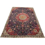 310 x 215 cm Navy & Red Vintage Persian Tabriz Wool Hand Knotted Floral Medallion Rug - Image 3
