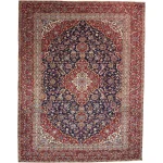 369 x 274 cm Navy Blue & Red Vintage Persian Kashan Wool Hand Knotted Rug