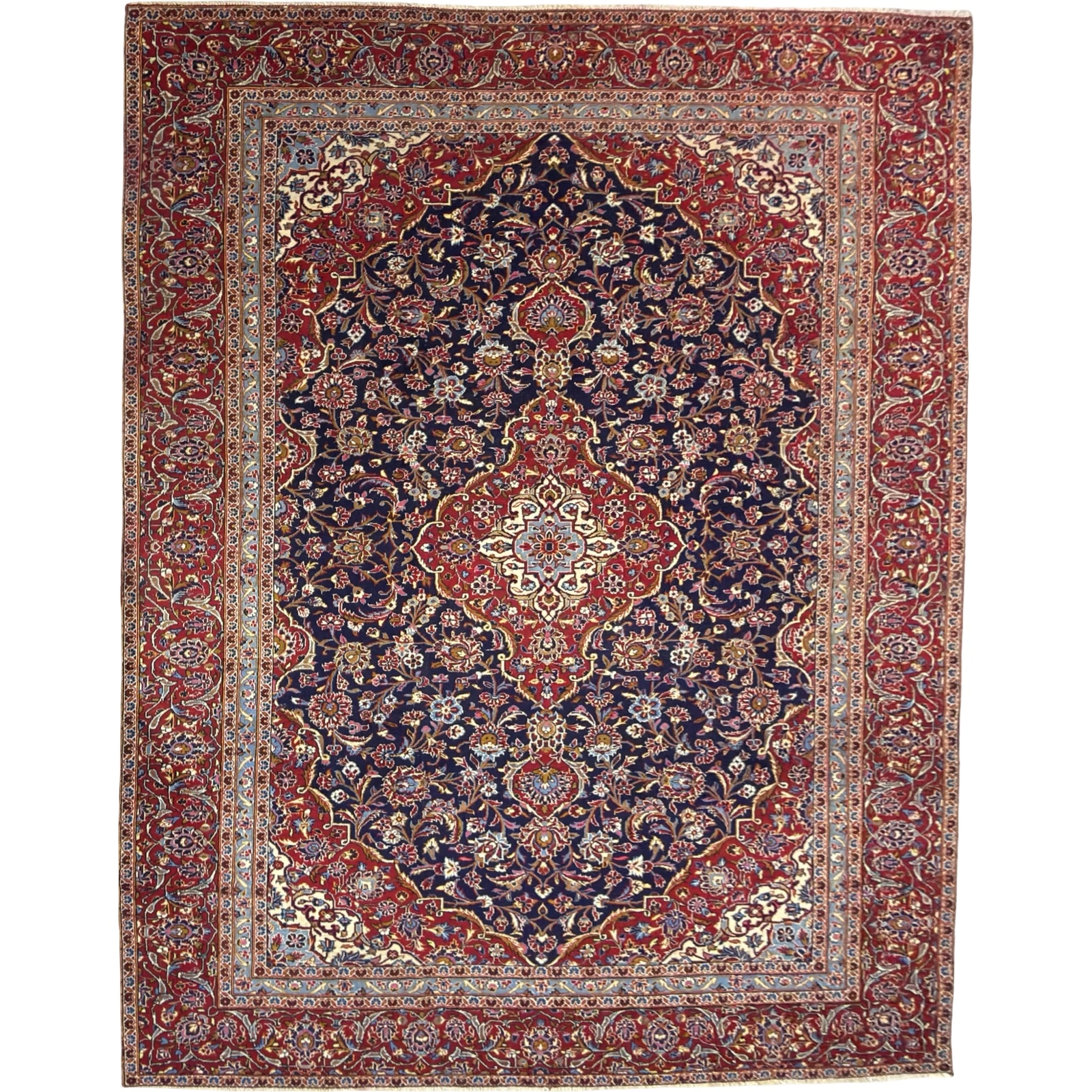 kashan rug handmade 369 x 274 cm Navy Blue & Red Vintage Persian Kashan Wool Hand Knotted Rug