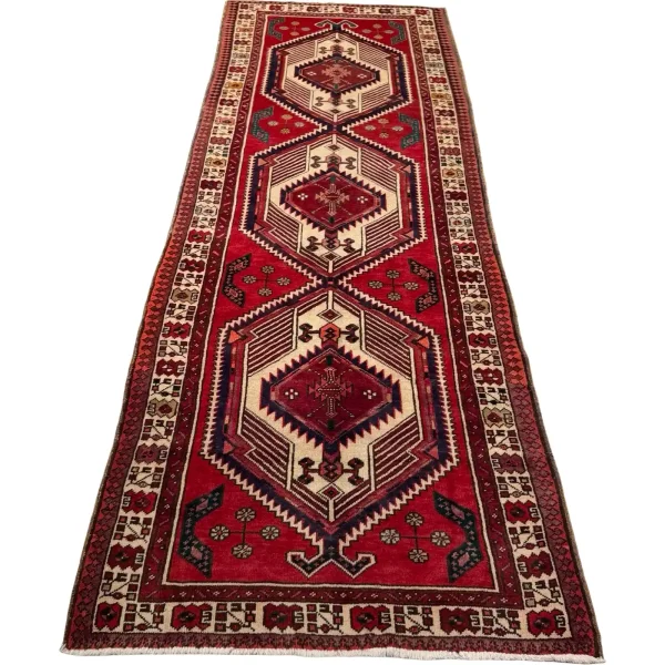 346 x 103 cm Red & Navy Vintage Persian Karaja Wool Hand Knotted Runner Rug