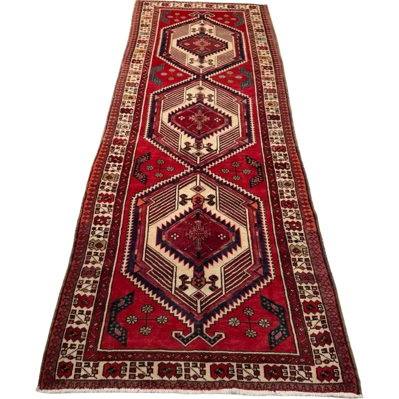 346 x 103 cm Red & Navy Vintage Persian Karaja Wool Hand Knotted Runner Rug