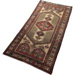 # 210 x 110 cm Beige & Red Vintage Persian Nahavand Wool Hand Knotted Rug