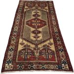 # 210 x 110 cm Beige & Red Vintage Persian Nahavand Wool Hand Knotted Rug