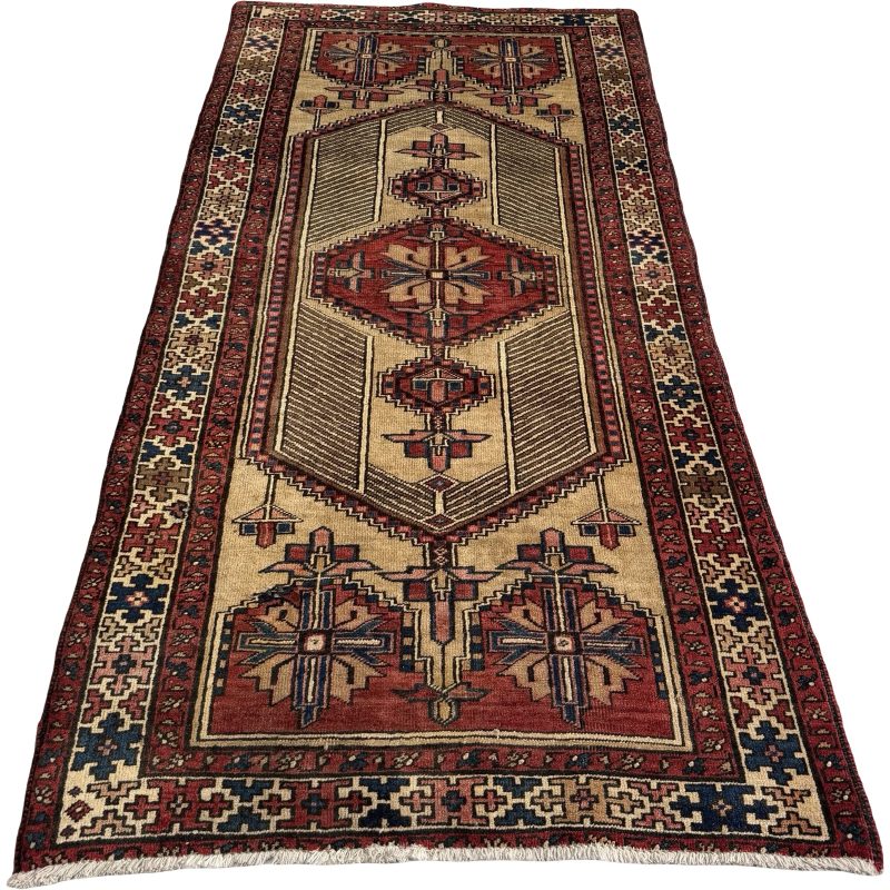 # 210 x 110 cm Beige & Red Vintage Persian Nahavand Wool Hand Knotted Rug