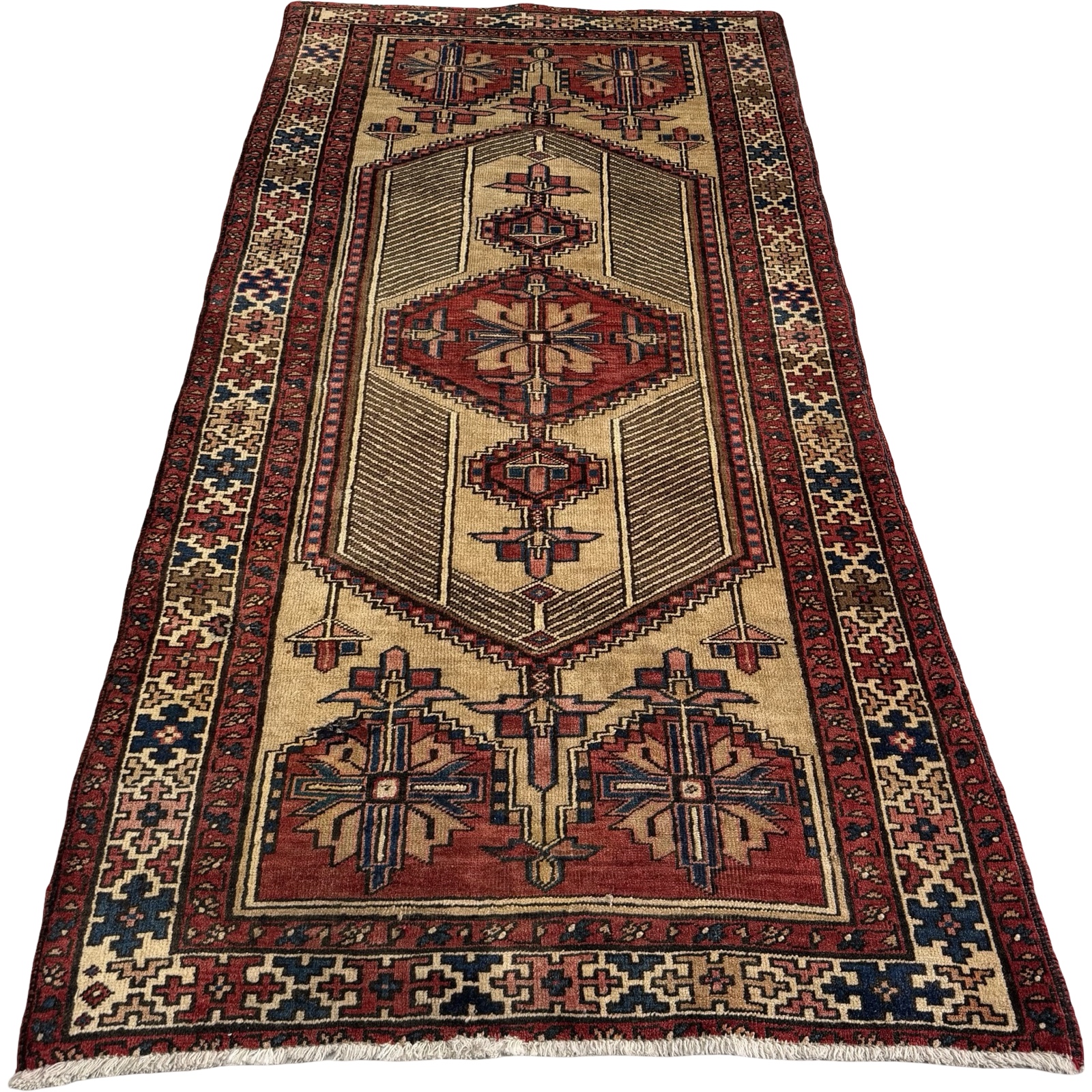 83737_68 # 210 x 110 cm Beige & Red Vintage Persian Nahavand Wool Hand Knotted Rug