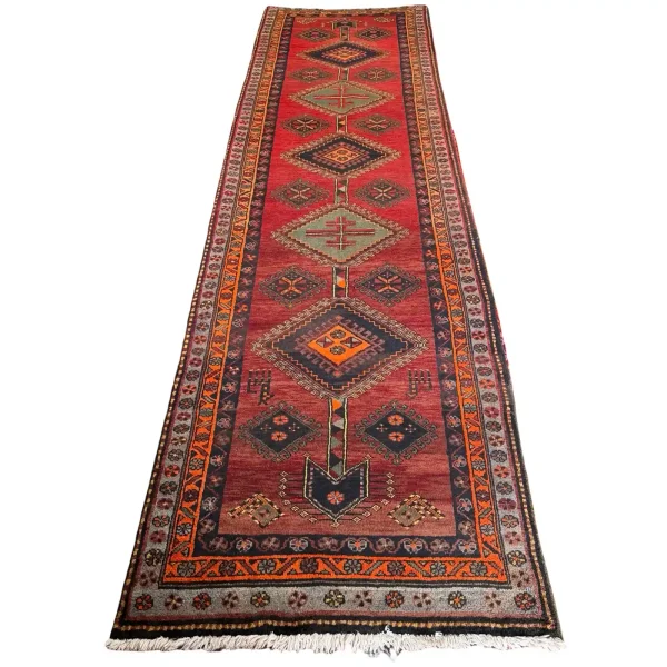 401 x 110 cm Rust Red & Sage Vintage Persian Qashqai Wool Hand Knotted Runner Rug