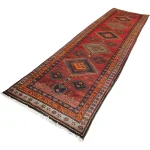 401 x 110 cm Rust Red & Sage Vintage Persian Qashqai Wool Hand Knotted Runner Rug