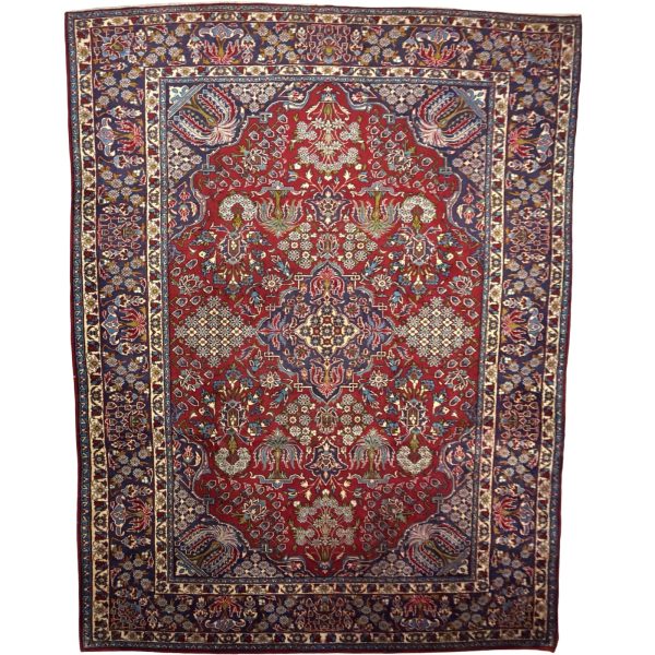 393 x 281 cm Hand-Knotted Red & Navy Persian Kashan Vase Design Rug