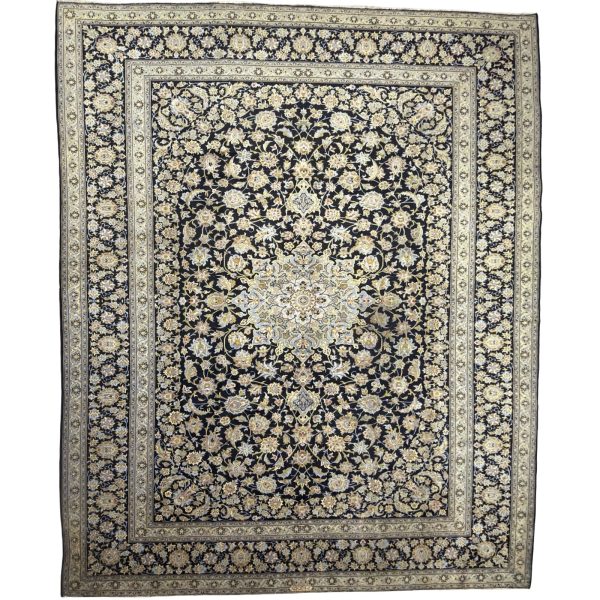 402 x 315cm Signed Hand Knotted Vintage Floral Kashan – Navy Wool Rug