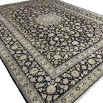 402 x 315 cm Signed Hand-Knotted Vintage Floral Navy Persian Kashan Wool Rug - Image 2