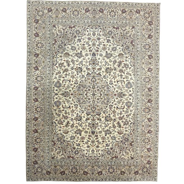 342 x 244cm Hand-Knotted Persian Vintage Kashan Wool Rug – Ivory & Beige