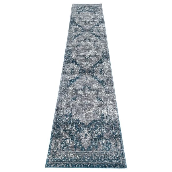 500 x 80cm Turquoise-Grey Vintage Medallion Design Runner Rug