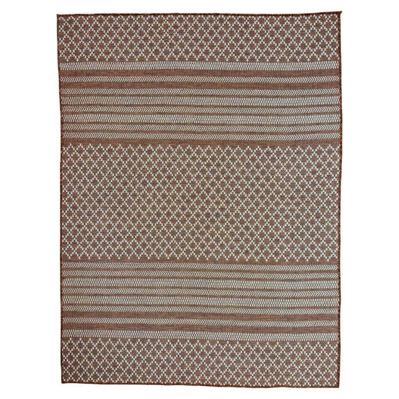 210 x 160cm Terracotta & Cream Tribal Diamond & Stripe Indoor/Outdoor Rug