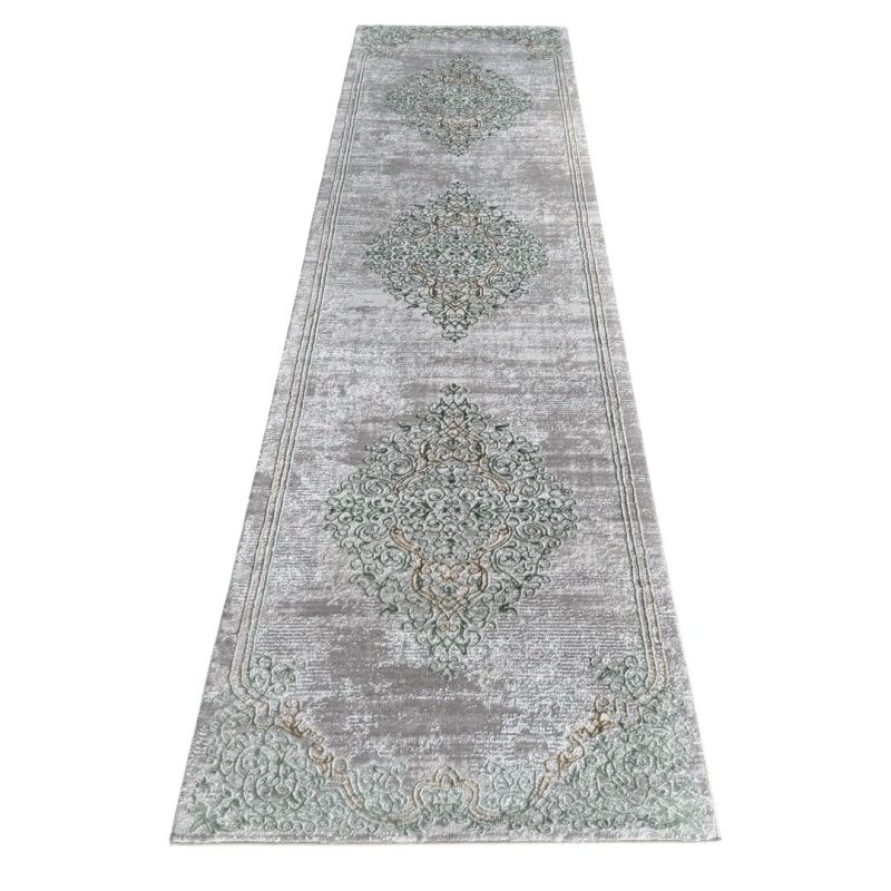 300 x 80 cm Grey & Green Vintage Persian Medallion Runner Rug