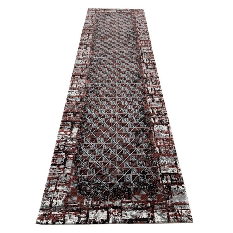 290 x 80 cm Red & Grey Geometric Turkish Runner Rug