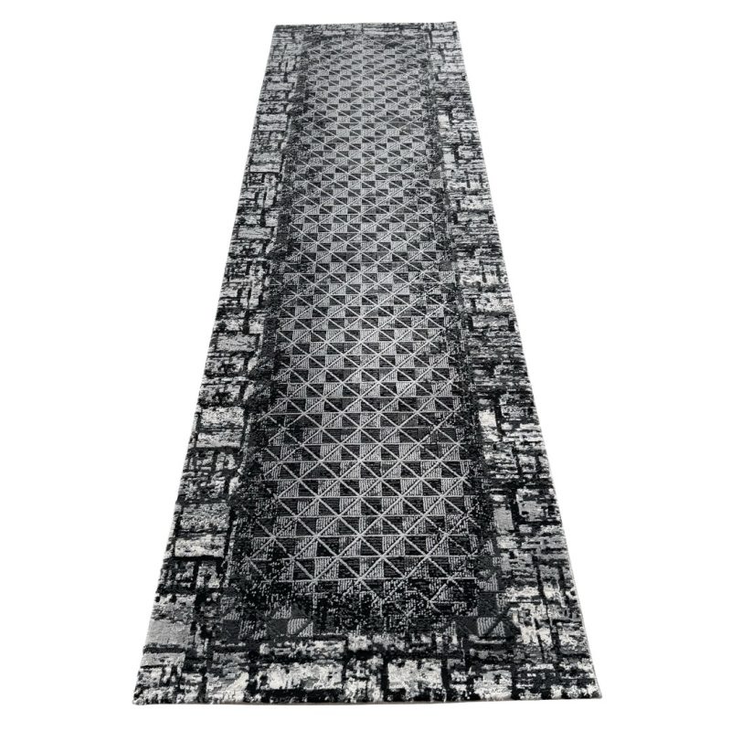 290 x 80 cm Black & Grey Geometric Grid Runner Rug