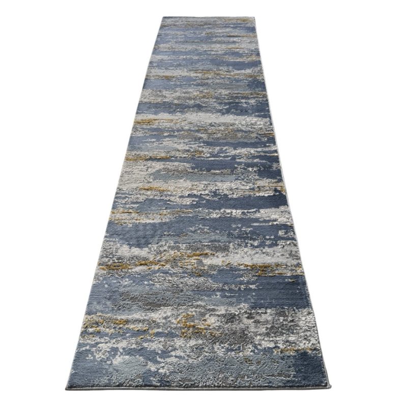 300 x 80 cm Blue & Grey Abstract Distressed Runner Rug with Gold Accents