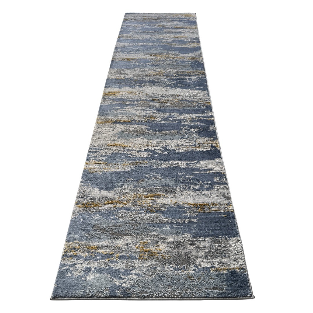 300 x 80 cm Blue & Grey Abstract Distressed Runner Rug with Gold Accents 300 x 80 cm Blue & Grey Abstract Distressed Runner Rug with Gold Accents
