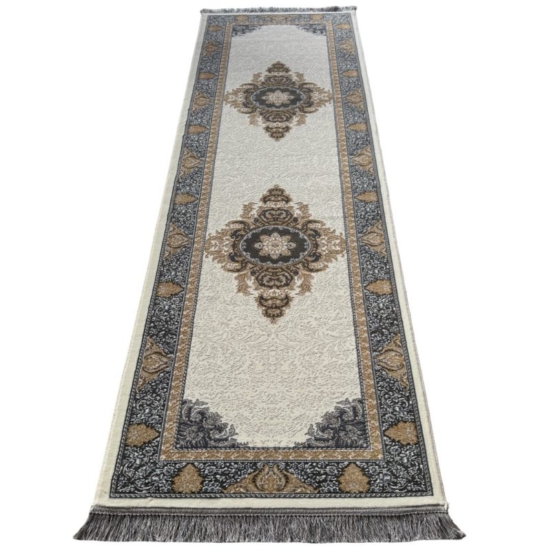 270 x 80 cm Ivory, Grey & Gold Ornate Medallion Runner Rug
