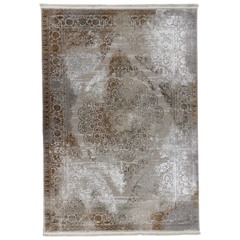 Infuse your home with refined vintage charm and subtle metallic sheen with the Vintage Distressed Bronze & Silver Medallion Area Rug (230 x 160 cm). Featuring a grand central traditional medallion paired with intricate ornamental borders, this rug is layered with a heavily distressed, faded wash that creates an authentic antique look. The sophisticated palette blends warm bronze, champagne gold, silvery-white, and soft taupe, allowing it to catch light beautifully while maintaining a neutral, elegant presence. Finished with subtle fringed edges, it makes a luxurious addition to traditional, vintage, or modern transitional spaces.
