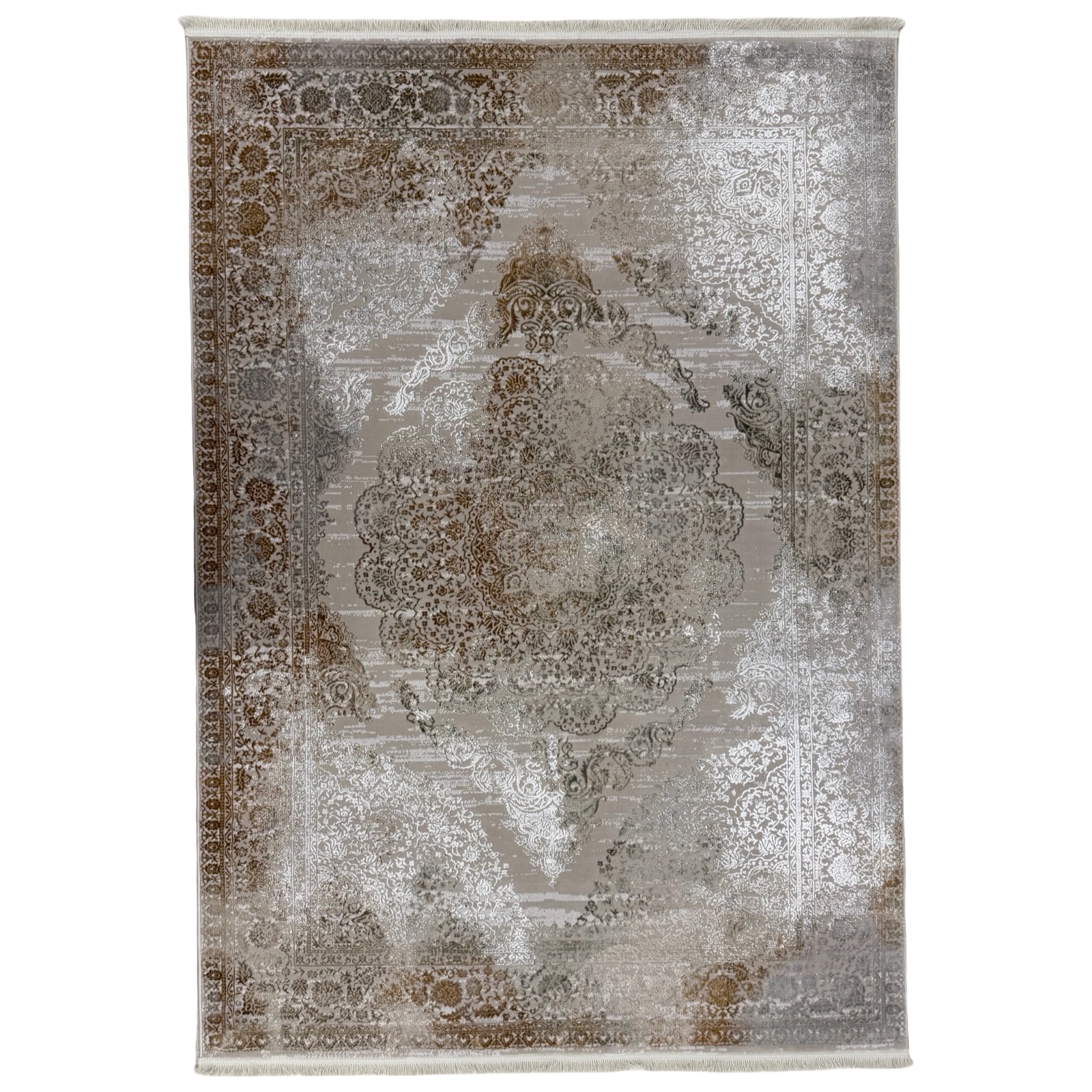 230 x 160 aaa_64 Infuse your home with refined vintage charm and subtle metallic sheen with the Vintage Distressed Bronze & Silver Medallion Area Rug (230 x 160 cm). Featuring a grand central traditional medallion paired with intricate ornamental borders, this rug is layered with a heavily distressed, faded wash that creates an authentic antique look. The sophisticated palette blends warm bronze, champagne gold, silvery-white, and soft taupe, allowing it to catch light beautifully while maintaining a neutral, elegant presence. Finished with subtle fringed edges, it makes a luxurious addition to traditional, vintage, or modern transitional spaces.