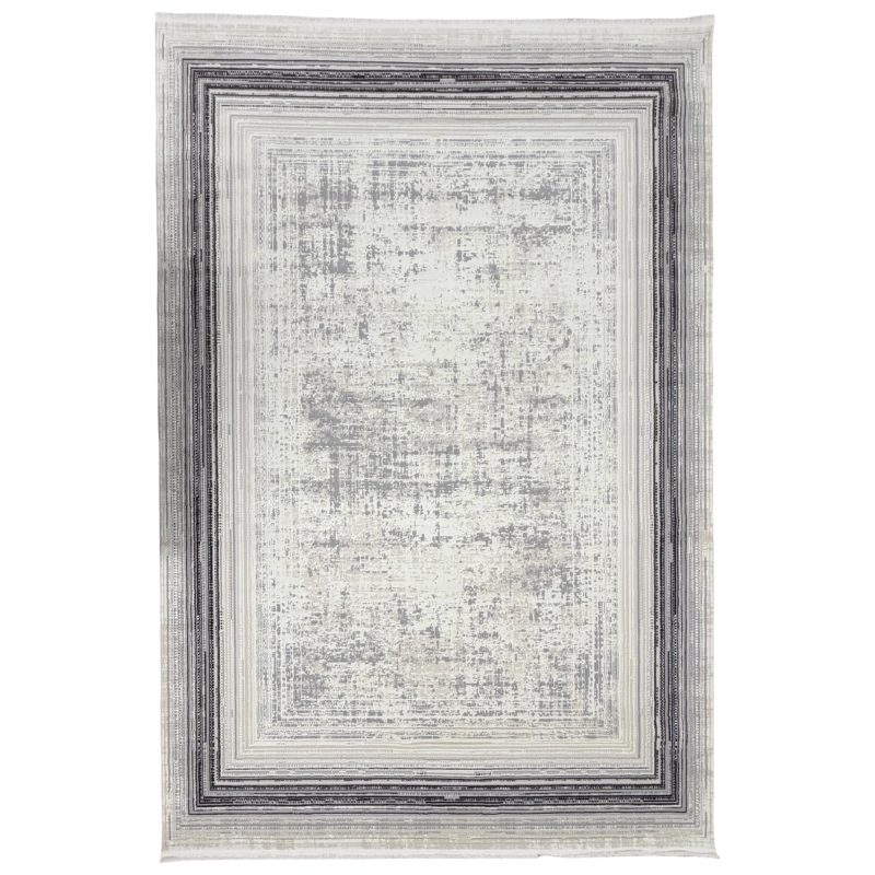 Modern Weathered Pixelated Border Accent Rug in Slate & Cream