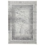 290 x 200cm Modern Distressed Geometric Border Rug in Silver Grey & Off-White
