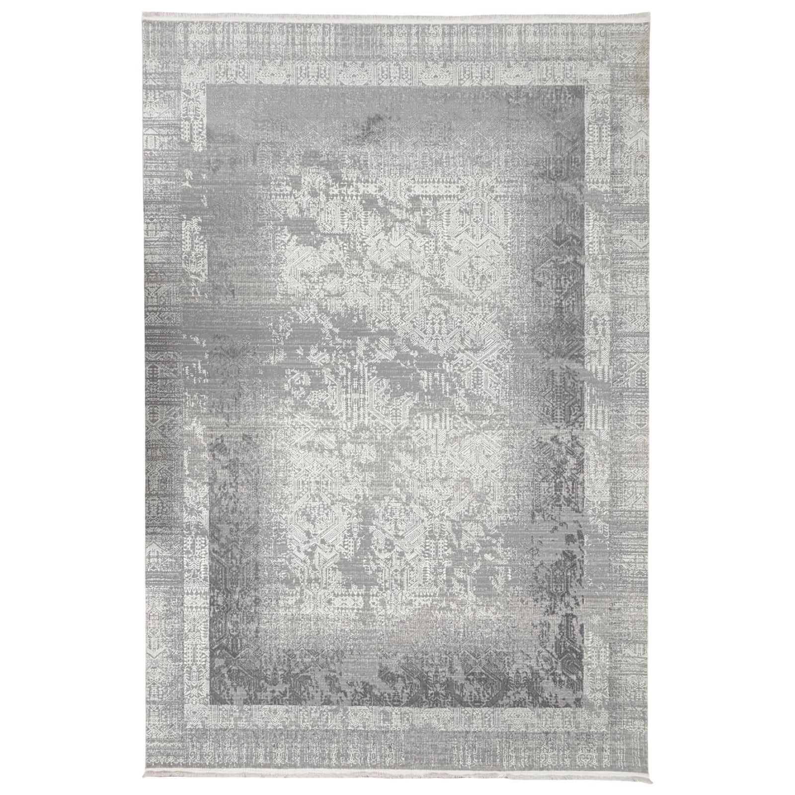 230 x 160 ddsns_90 290 x 200cm Modern Distressed Geometric Border Rug in Silver Grey & Off-White - Image 1
