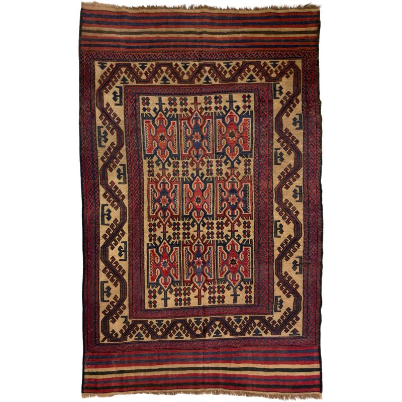 280 x 195cm Tribal Kilim-Barjesta with Nine Tribal Floral Panels – Hand Woven Wool Rug