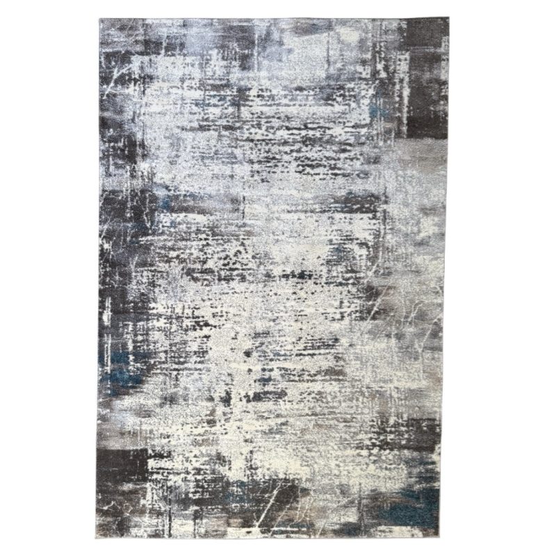 230 x 160cm Light Grey & Charcoal Distressed Abstract Rug with Teal Accents