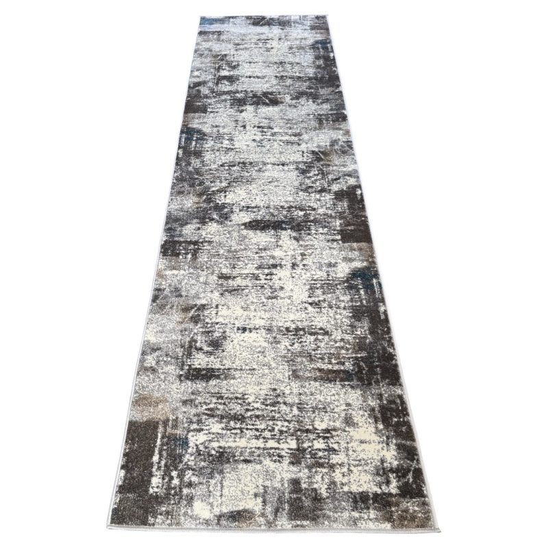 500 x 80cm Light Grey & Charcoal Distressed Abstract Rug with Teal Accents